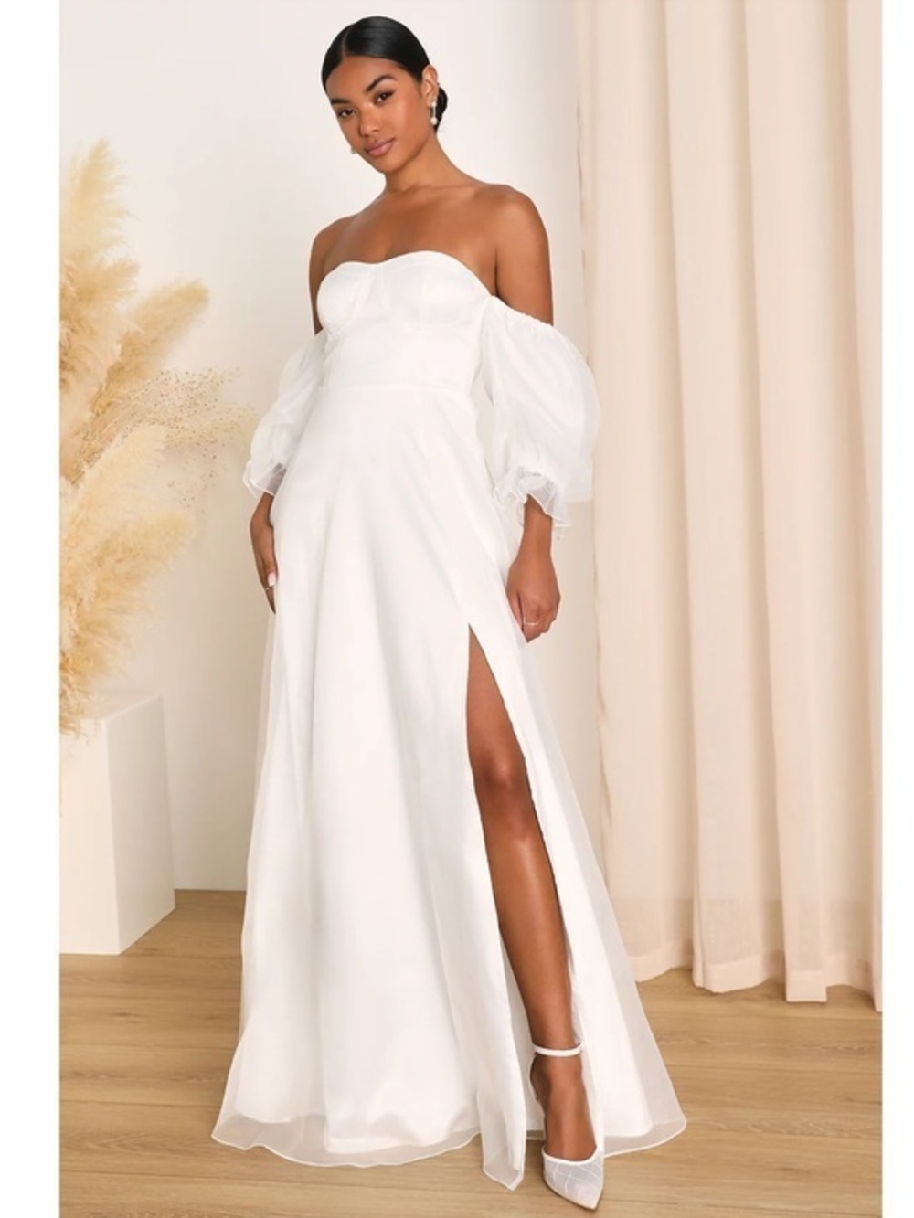 NWT Lulu’s True Excellence White Bustier Off-The-Shoulder Wedding Maxi Dress